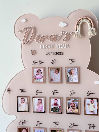 Personalized Baby First Year Photo Frame, Teddy Bear Milestone Keepsake, Custom Nursery Decor
