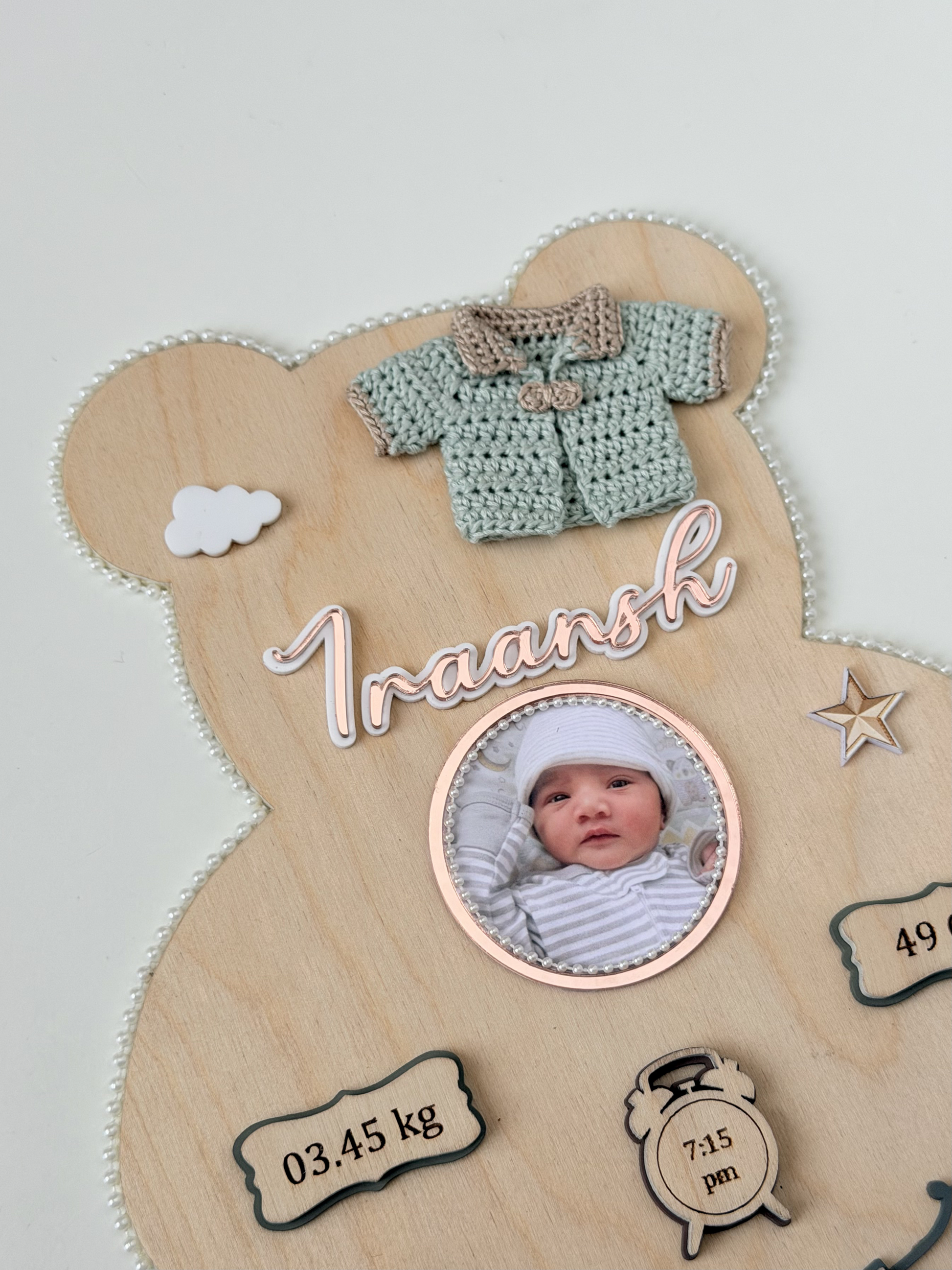 Personalized Baby Birth Plaque, Wooden Teddy Bear Nursery Keepsake with Photo and Birth Details