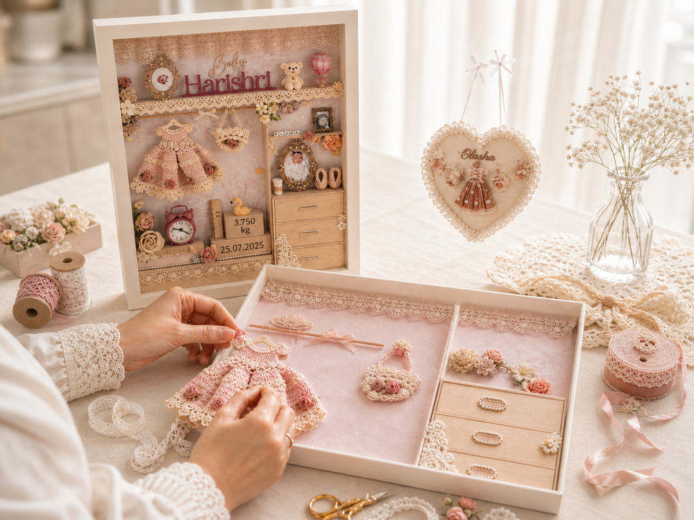 Artzy Designs studio table with hands assembling a tiny crocheted dress, lace and ribbon spools, and finished baby keepsake frames in the background