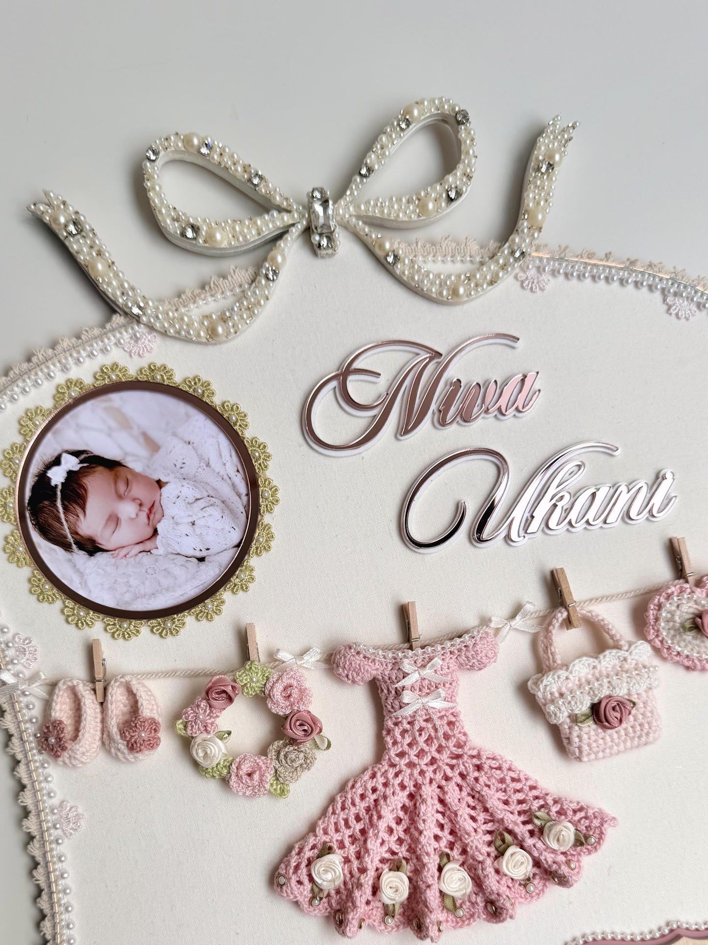 Personalized Baby Birth Stats Frame, Crochet Nursery Decor, Baby Girl Keepsake