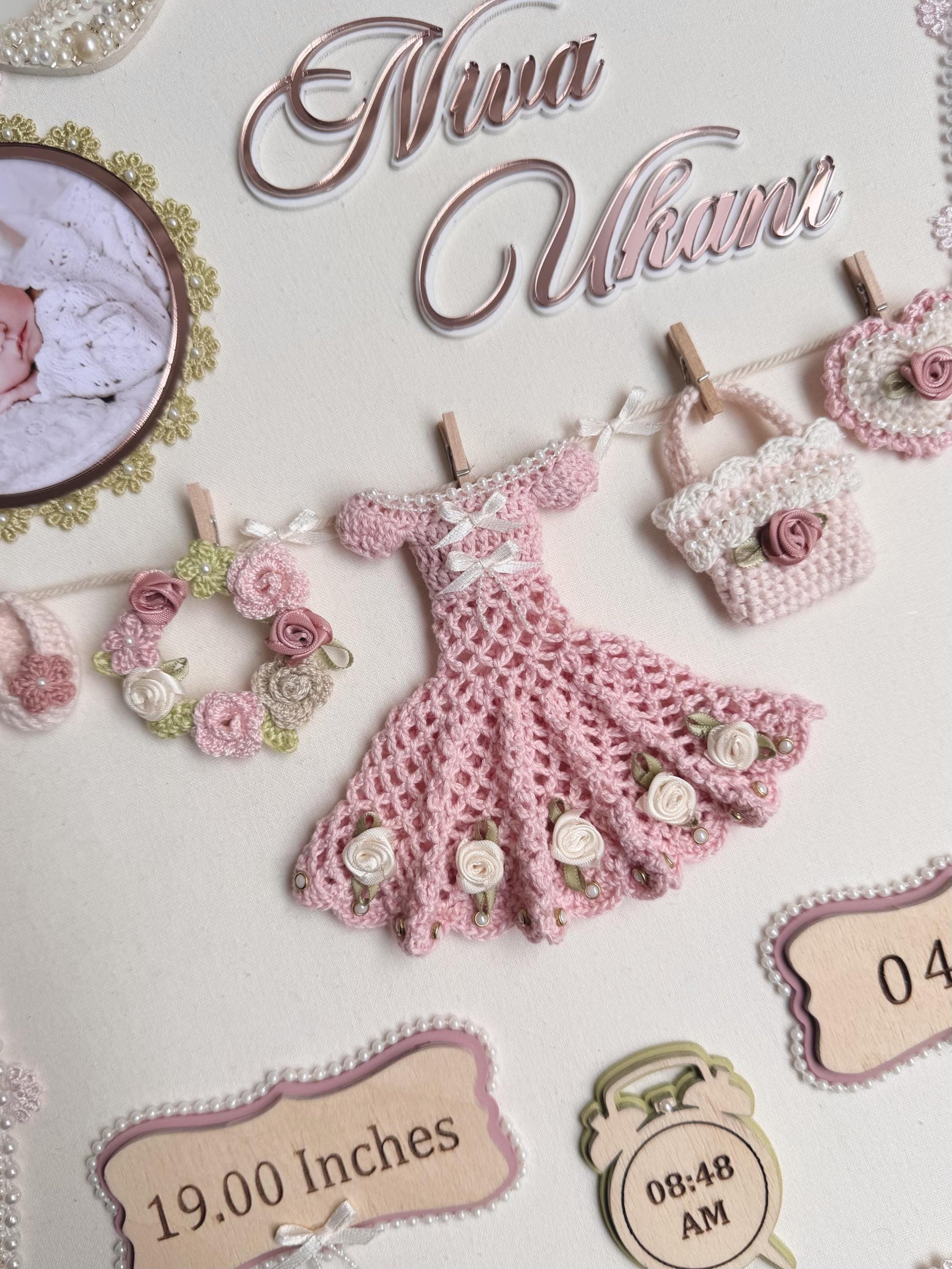 Personalized Baby Birth Stats Frame, Crochet Nursery Decor, Baby Girl Keepsake
