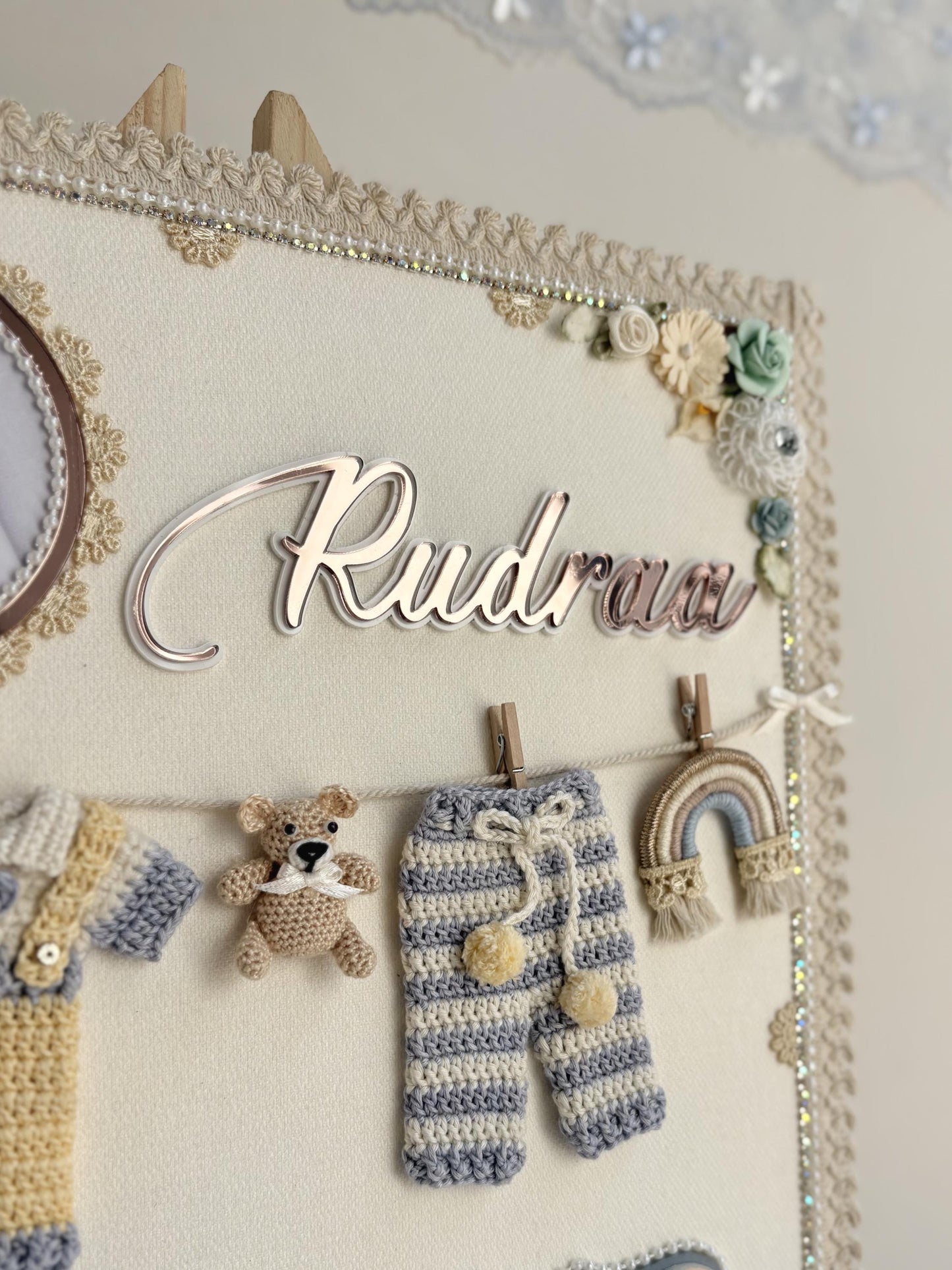 Personalized Newborn Keepsake Wall Art, Hand-Crocheted Baby Outfit, Custom Name Display