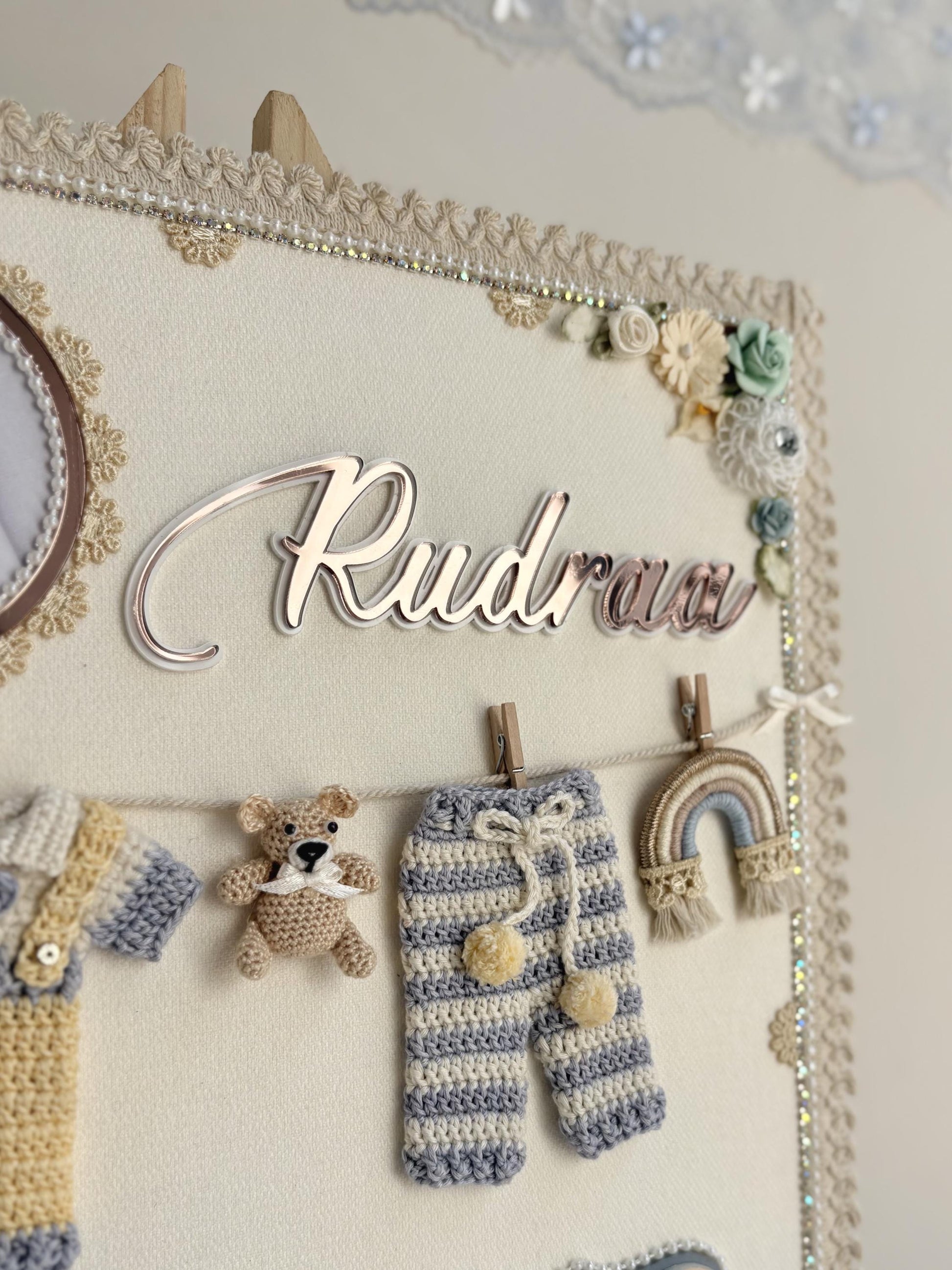 Personalized Newborn Keepsake Wall Art, Hand-Crocheted Baby Outfit, Custom Name Display