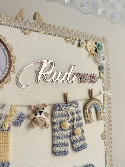 Personalized Newborn Keepsake Wall Art, Hand-Crocheted Baby Outfit, Custom Name Display