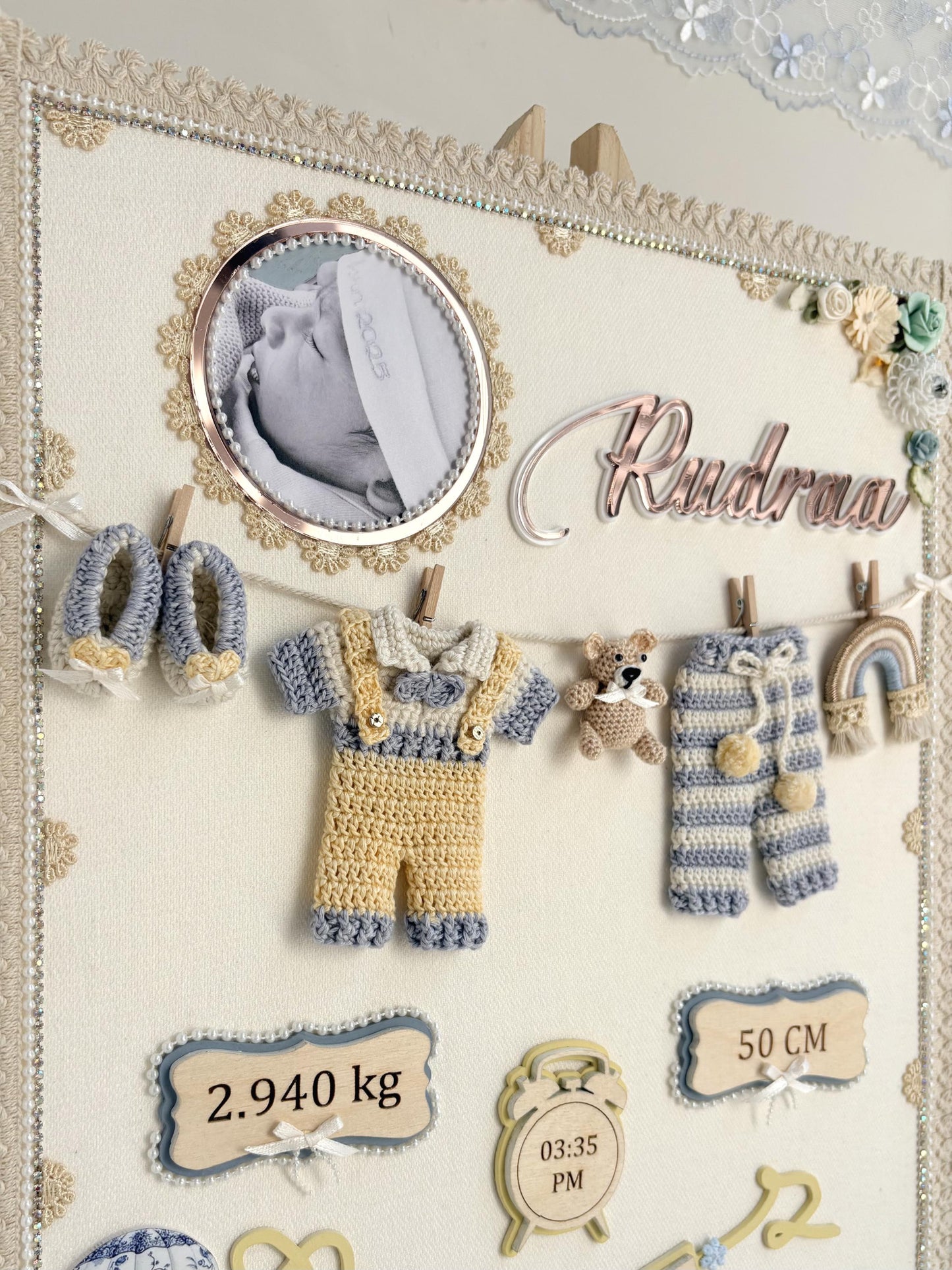 Personalized Newborn Keepsake Wall Art, Hand-Crocheted Baby Outfit, Custom Name Display