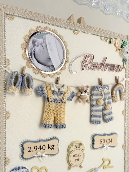 Personalized Newborn Keepsake Wall Art, Hand-Crocheted Baby Outfit, Custom Name Display