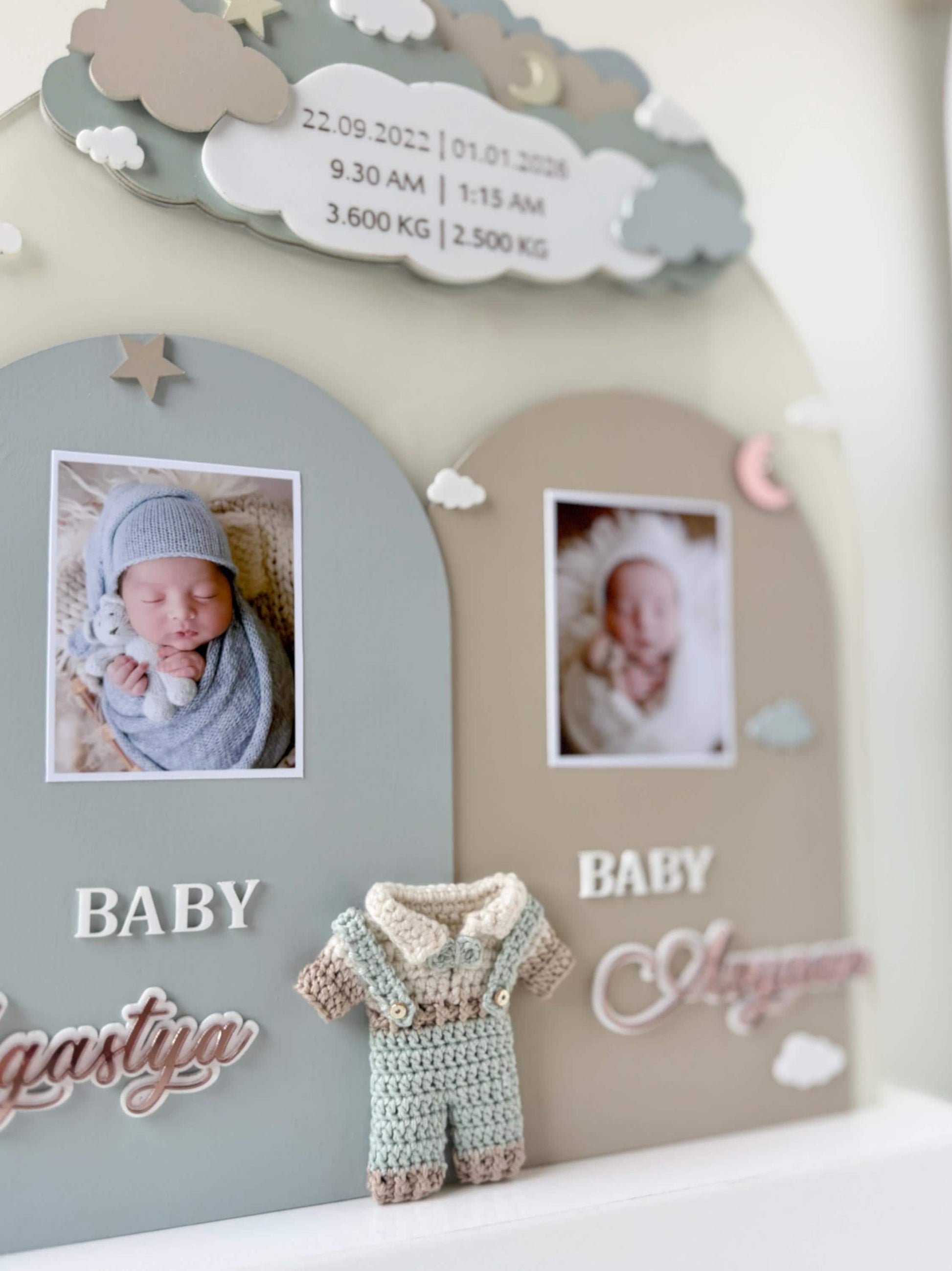 Personalized Twin Birth Announcement Sign | Layered Wood Keepsake, Photo Slots
