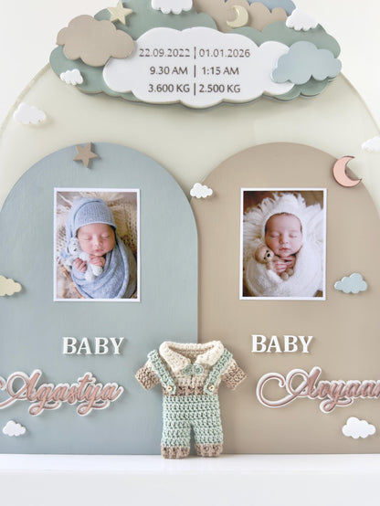 Personalized Twin Birth Announcement Sign | Layered Wood Keepsake, Photo Slots