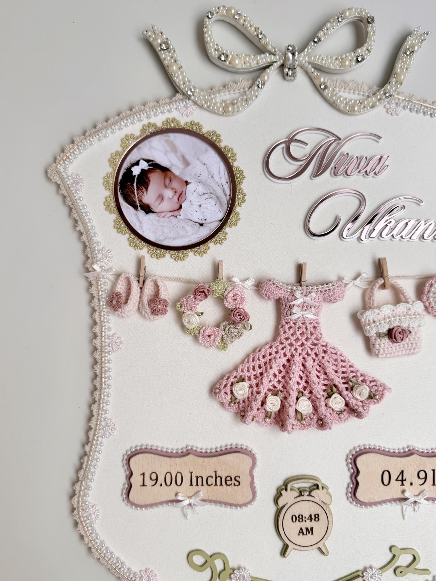 Personalized Baby Birth Stats Frame, Crochet Nursery Decor, Baby Girl Keepsake