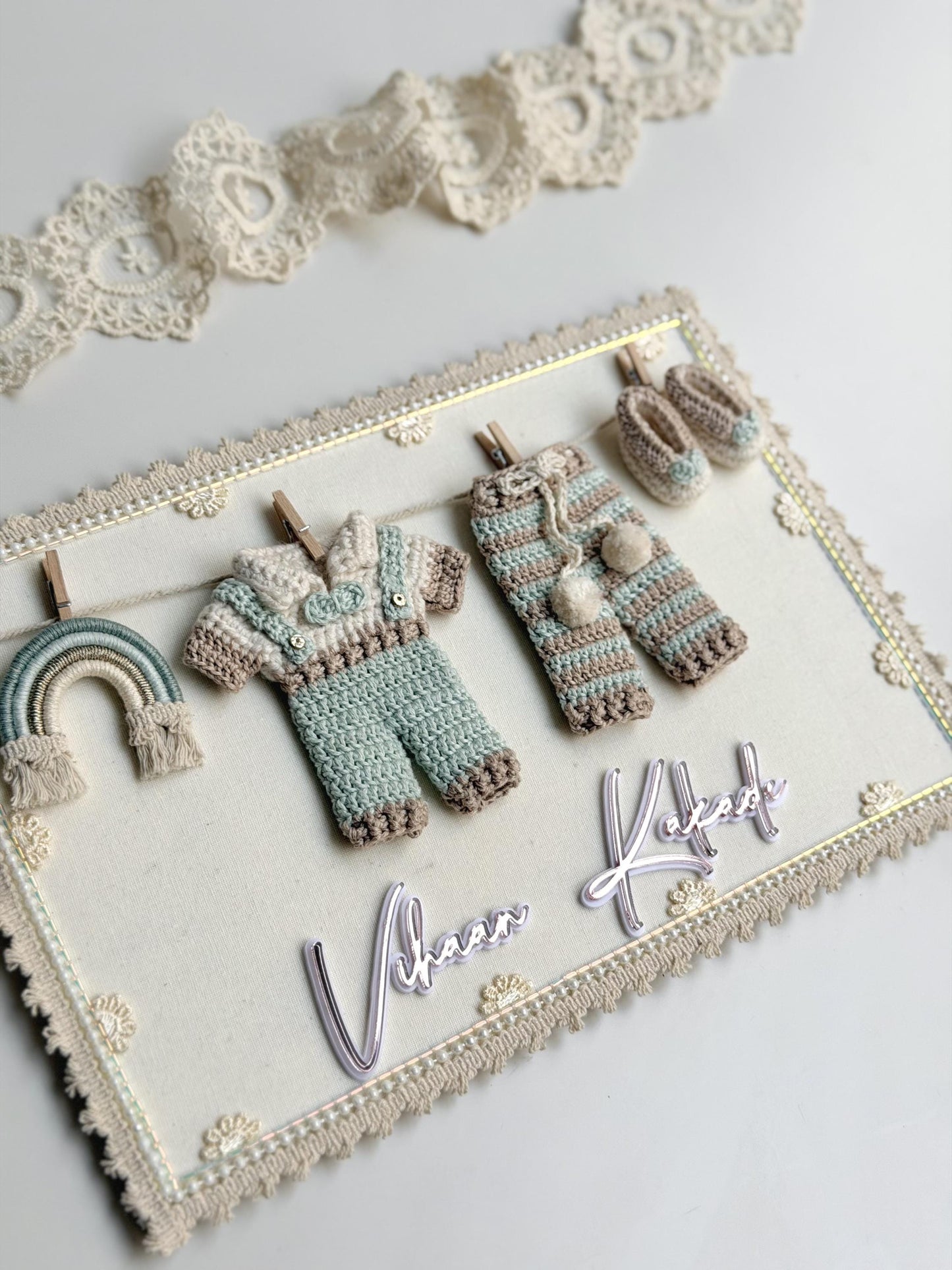 Personalized Crochet Baby Name Announcement Keepsake Frame, Handmade Outfit Nursery Decor