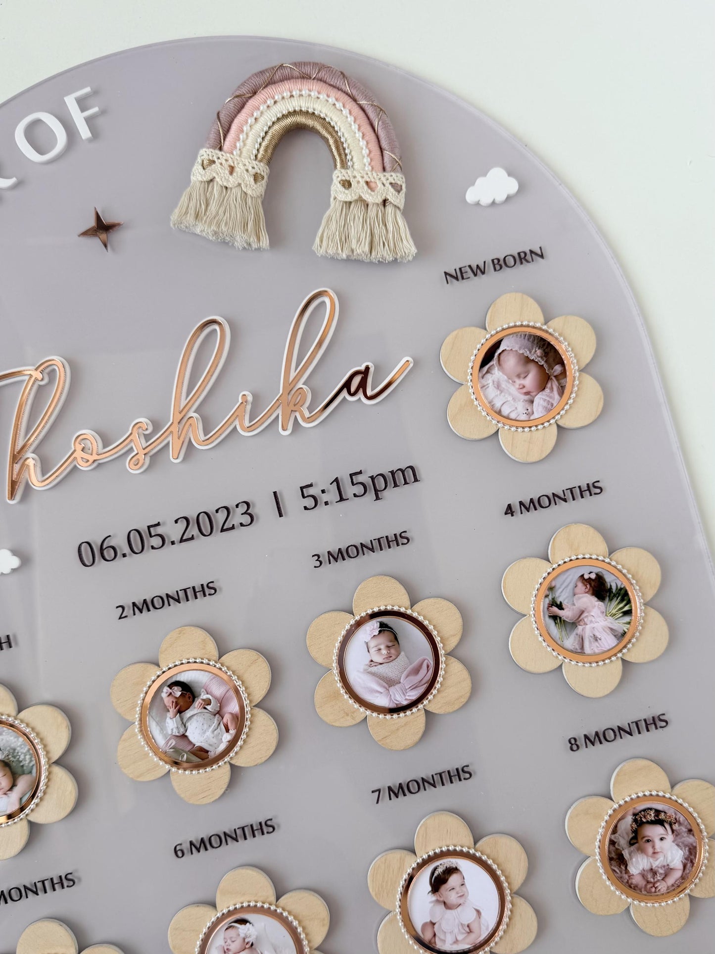 Personalized Baby Milestone Photo Board, First Year Memory Display, Pastel Rainbow Nursery Decor