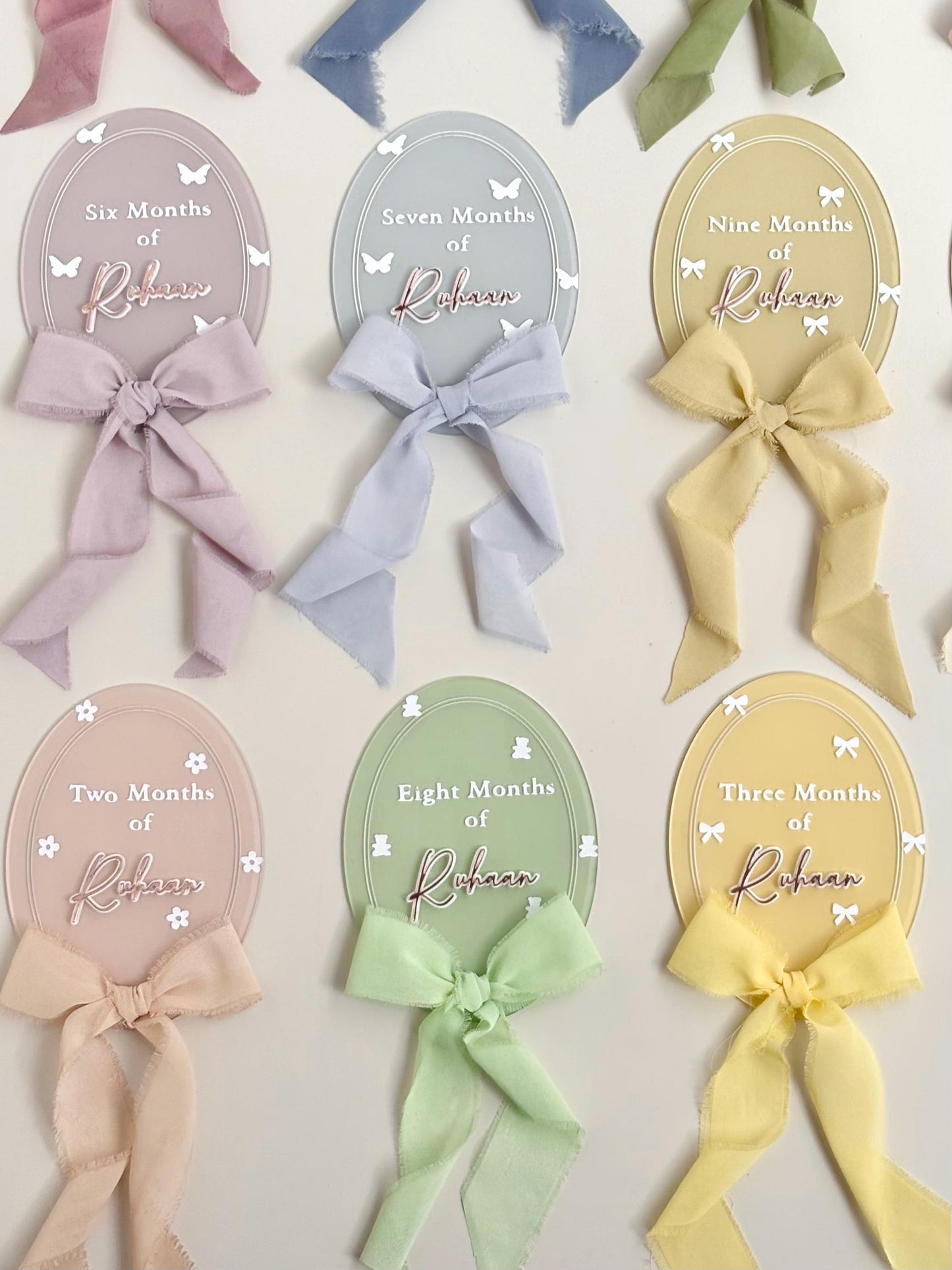Personalized Acrylic Baby Monthly Milestone Discs with Fabric Bows, Newborn Photo Props