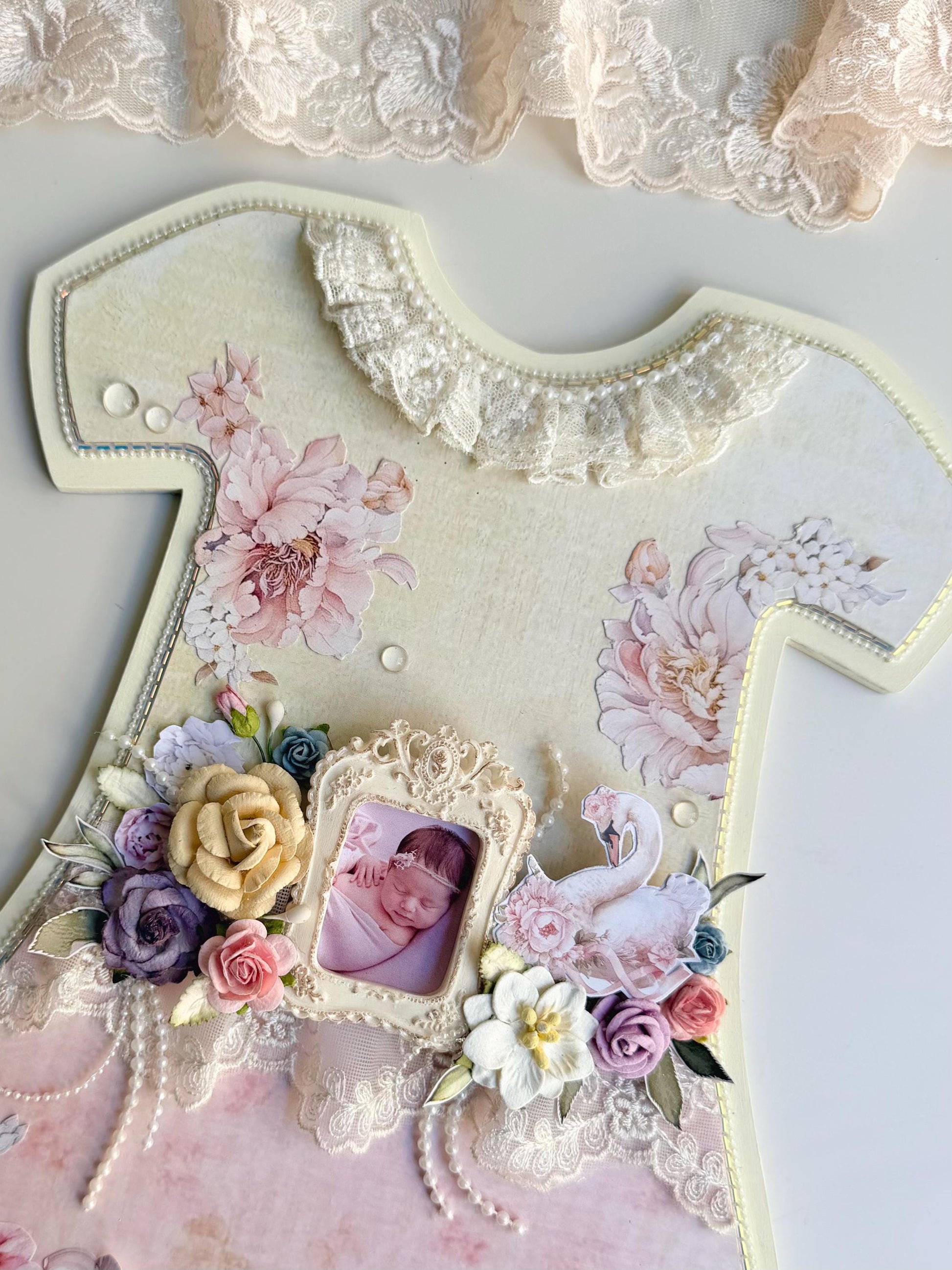 Personalized Baby Girl Keepsake Frame, Handmade Dress Decor, Swan Floral Nursery Gift