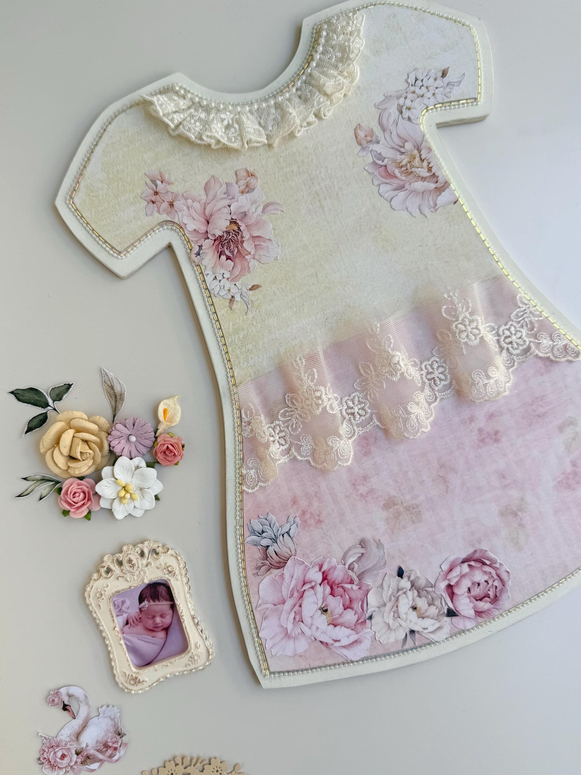 Personalized Baby Girl Keepsake Frame, Handmade Dress Decor, Swan Floral Nursery Gift