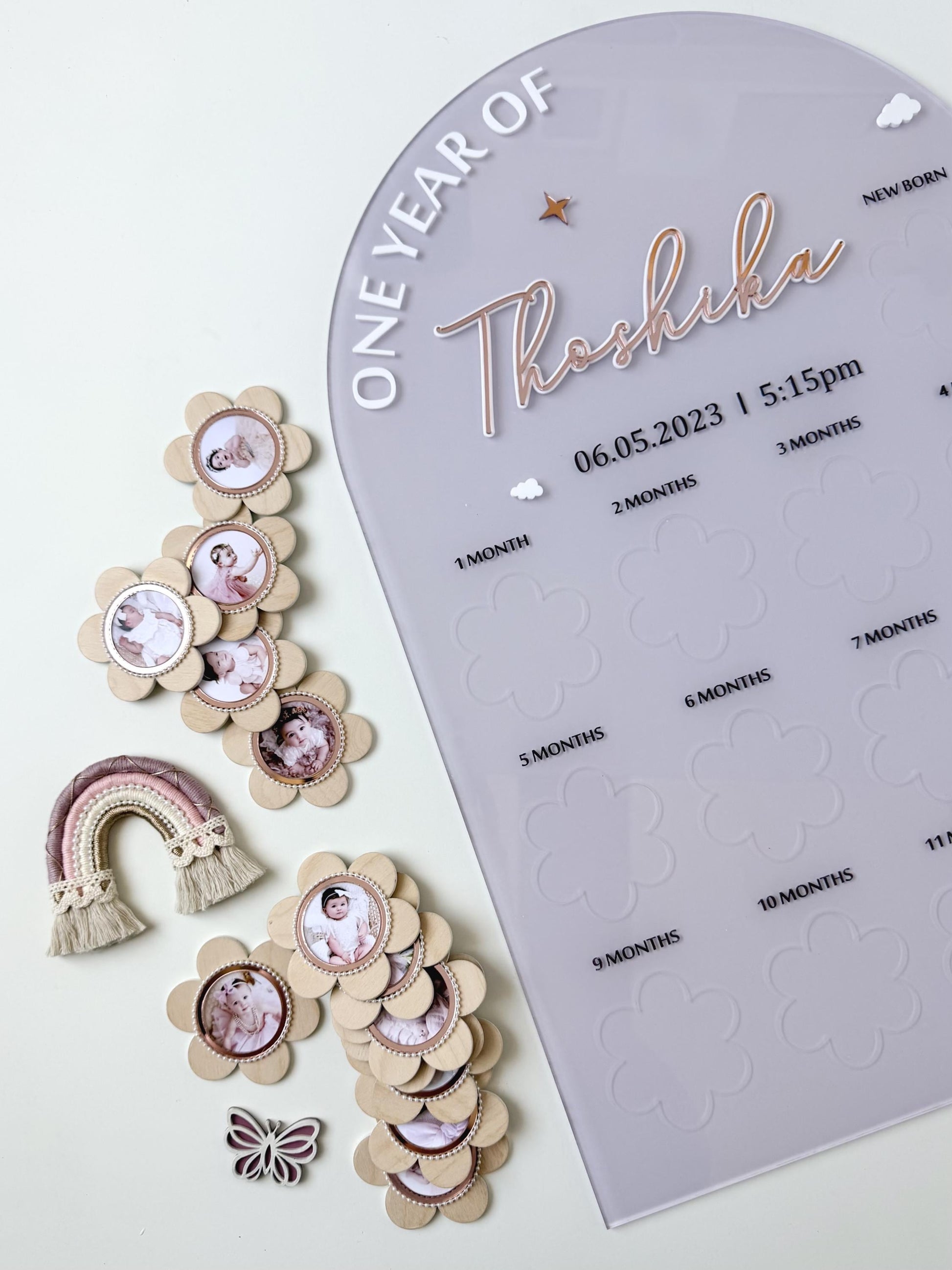 Personalized Baby Milestone Photo Board, First Year Memory Display, Pastel Rainbow Nursery Decor