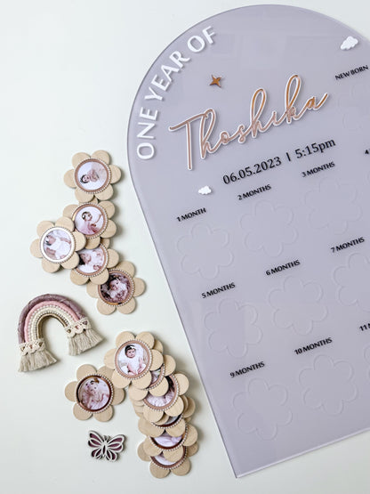 Personalized Baby Milestone Photo Board, First Year Memory Display, Pastel Rainbow Nursery Decor