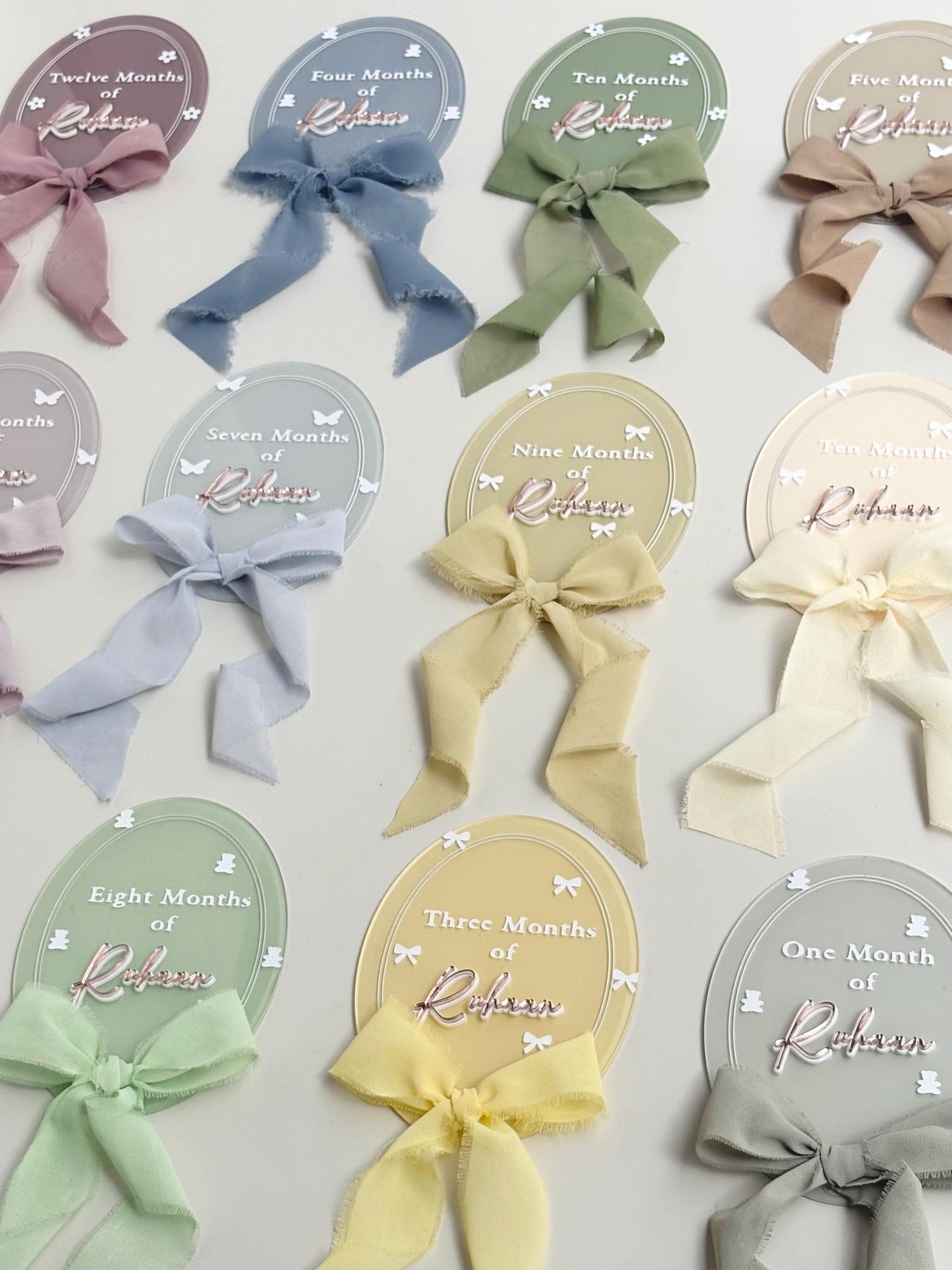 Personalized Acrylic Baby Monthly Milestone Discs with Fabric Bows, Newborn Photo Props
