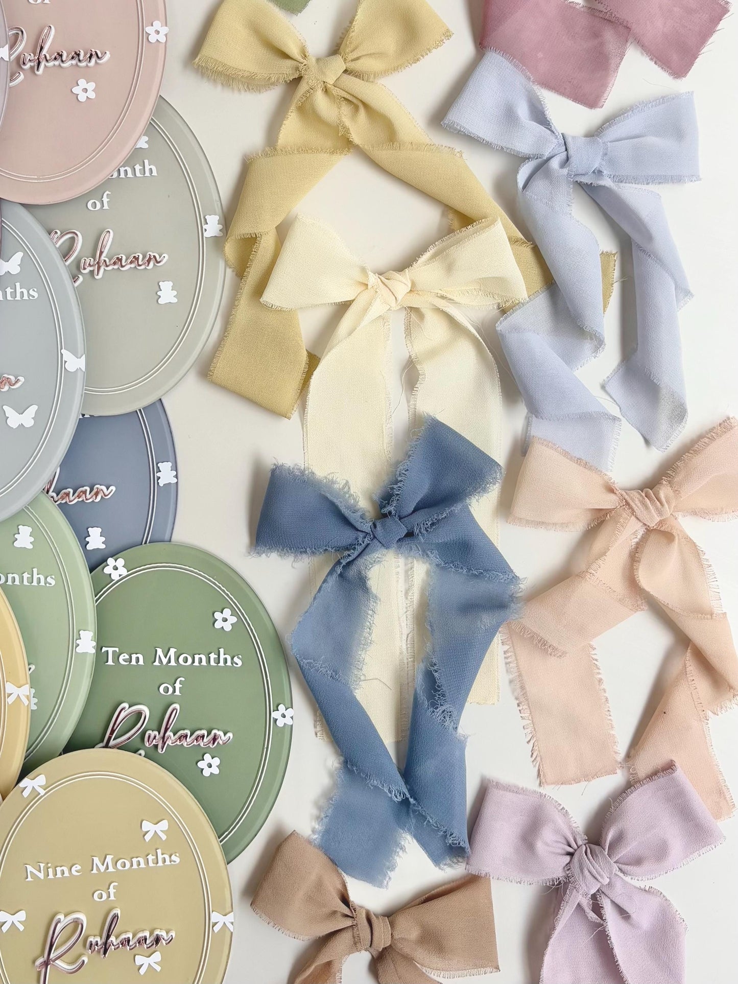 Personalized Acrylic Baby Monthly Milestone Discs with Fabric Bows, Newborn Photo Props