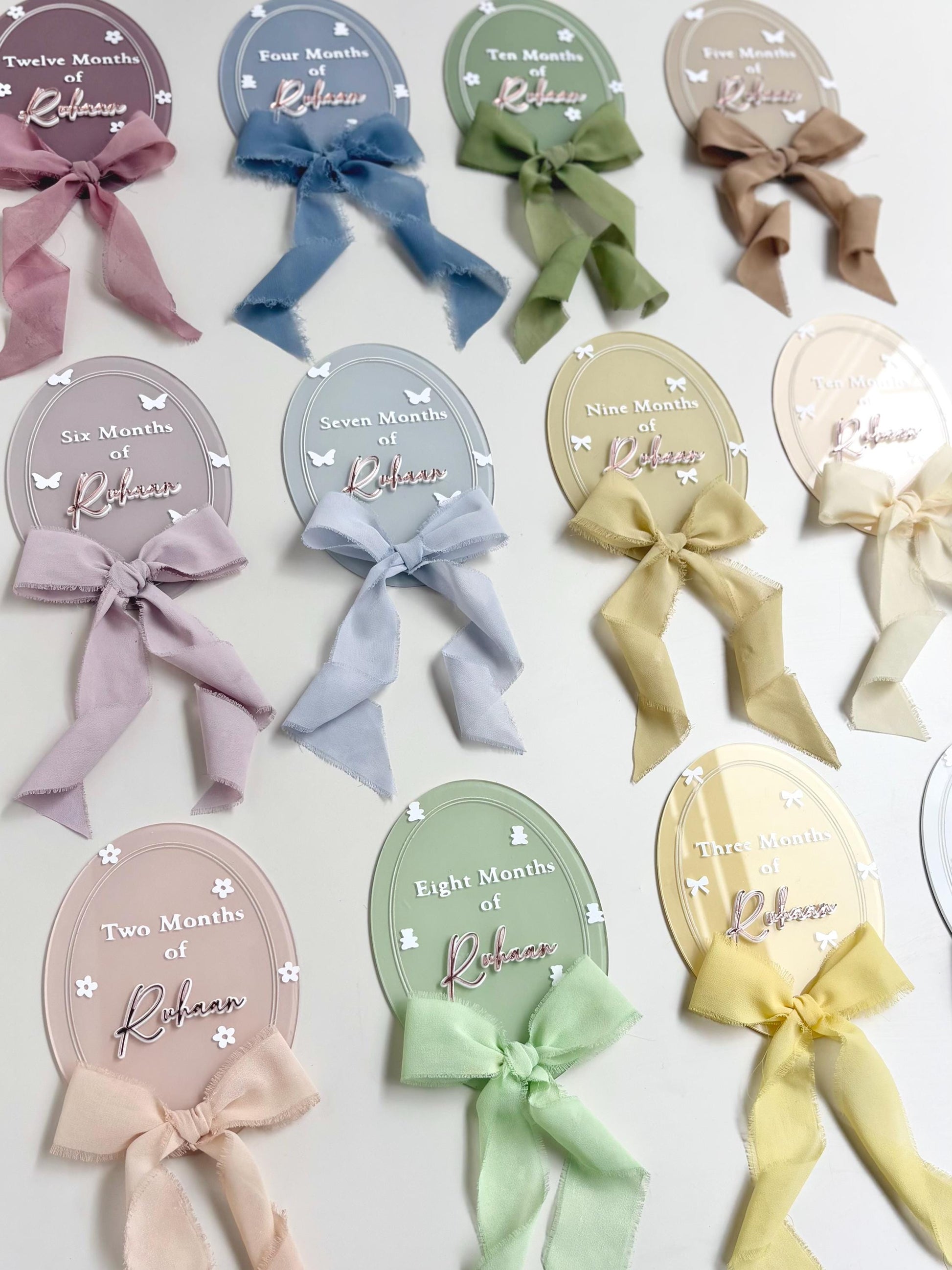 Personalized Acrylic Baby Monthly Milestone Discs with Fabric Bows, Newborn Photo Props