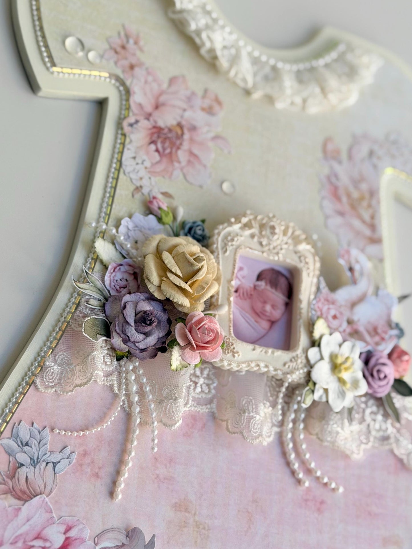 Personalized Baby Girl Keepsake Frame, Handmade Dress Decor, Swan Floral Nursery Gift