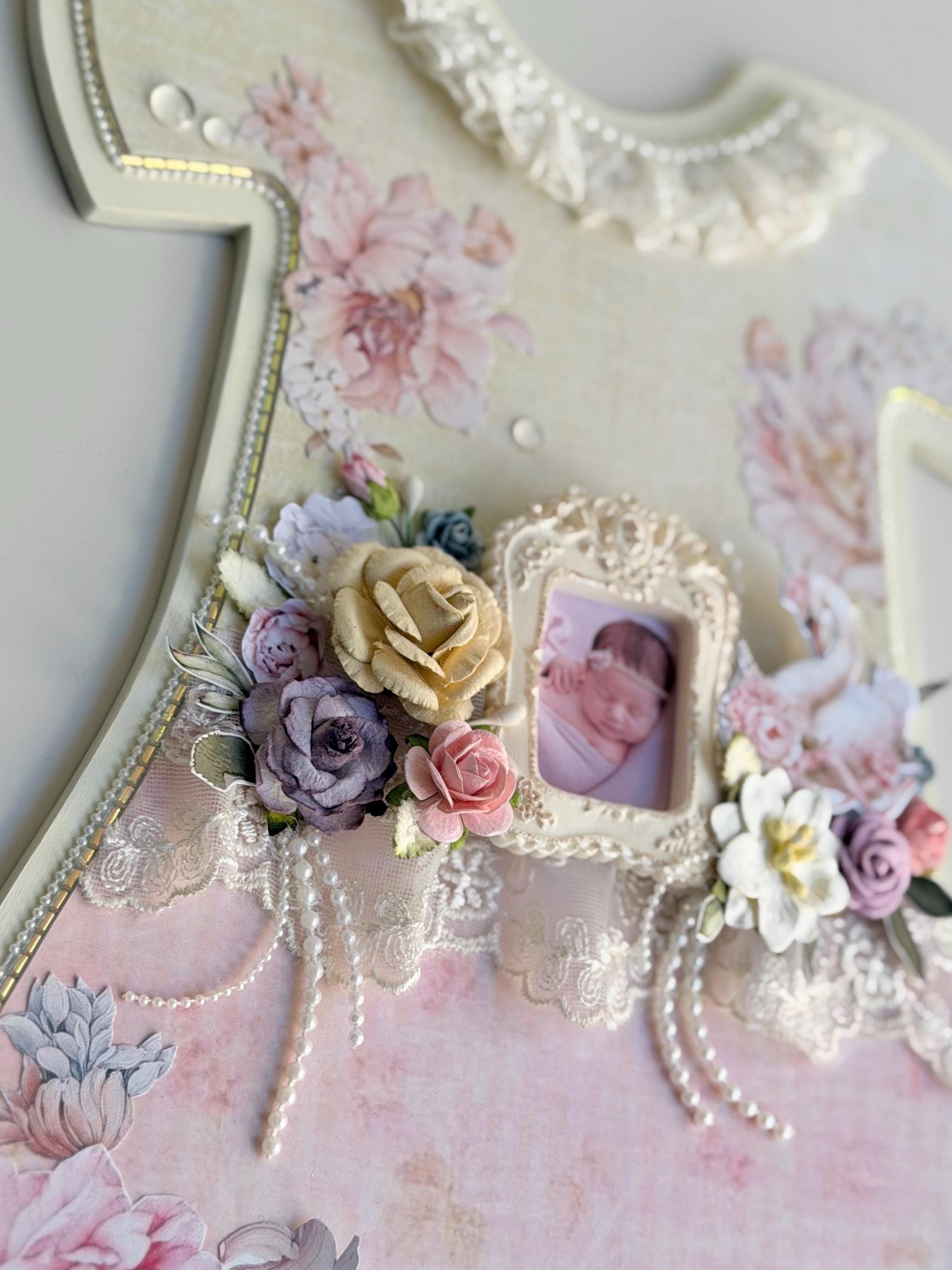 Personalized Baby Girl Keepsake Frame, Handmade Dress Decor, Swan Floral Nursery Gift