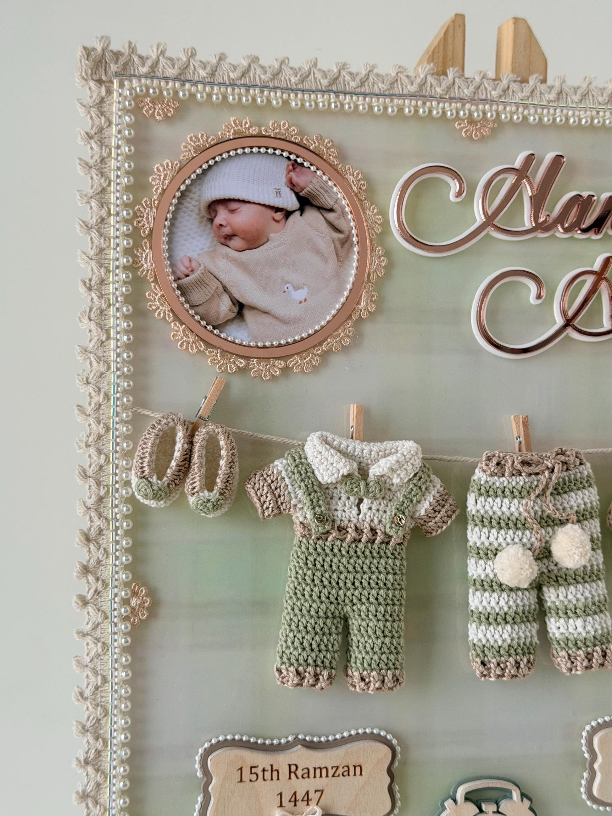 Personalized Baby Birth Details Frame, Crochet Outfit Keepsake Frame, Newborn Stats Display